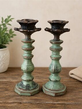 Pair of Candlesticks Vintage Look French Cottage Distressed Green Cottagecore